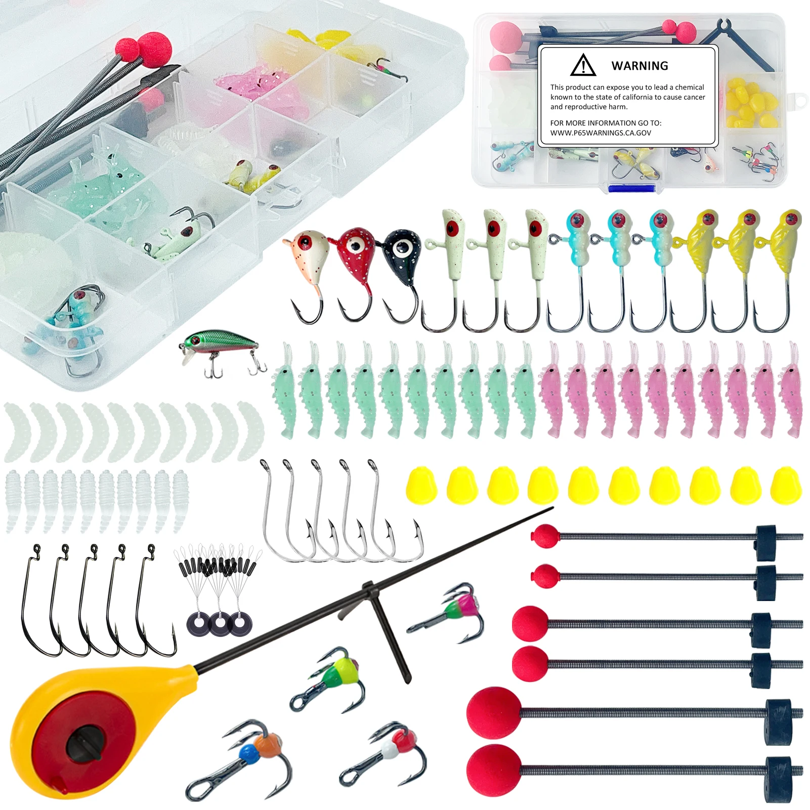 104pcs Ice Fishing Kit Treble Jigs Crank Hooks Luminous Soft Shrimp Swimbaits Panfish Mini Ice Fishing Rod Accessories with Box