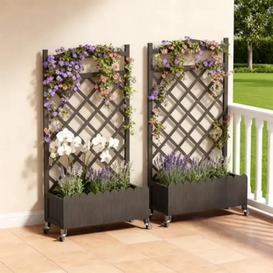 2 Pack Planter Box with Trellis and Wheels, 48In Elevated Raised Garden Bed, Drainage Holes, Outdoor Lattice for Climbing Flowe