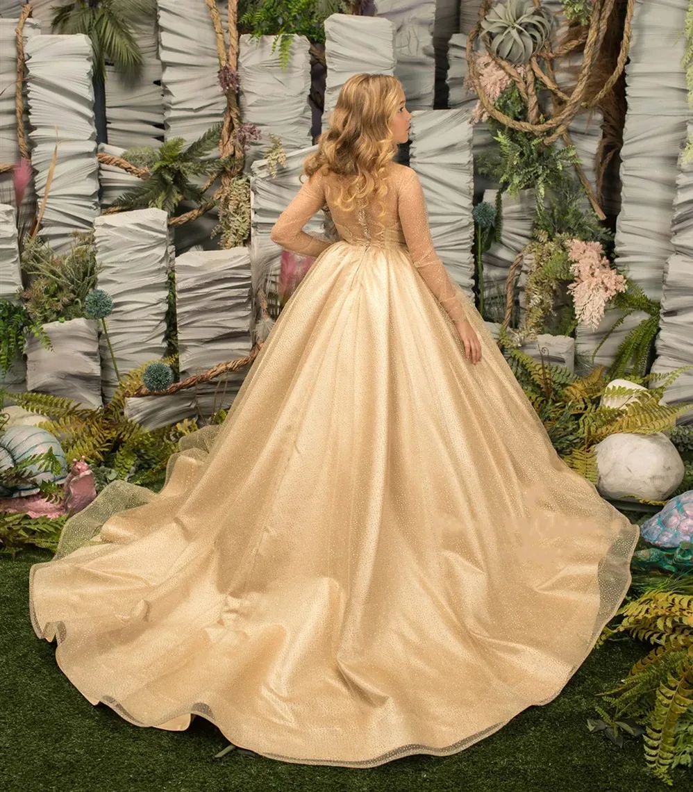Gouden bloemenmeisjesjurken met volledige mouwen voor bruiloft Vloerlengte meisjesgalajurk voor fotoshoot Eerste communiejurk op maat
