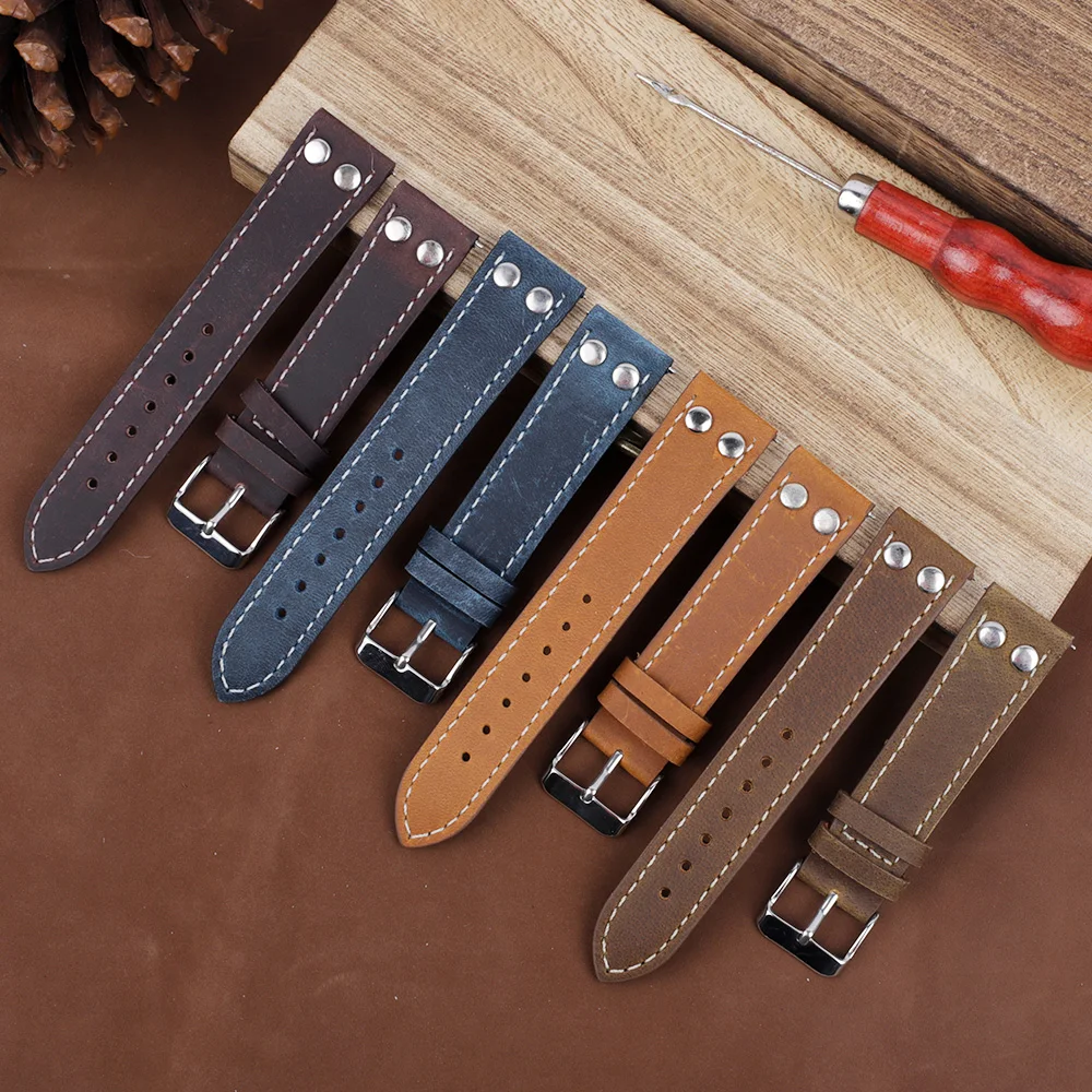 Vintage Real Leather Watch Strap 18mm 19mm 20mm 21mm 22mm 24mm Coffee Brown Rivet Watch band Pin Buckle Wrist Belt Bracelet Men