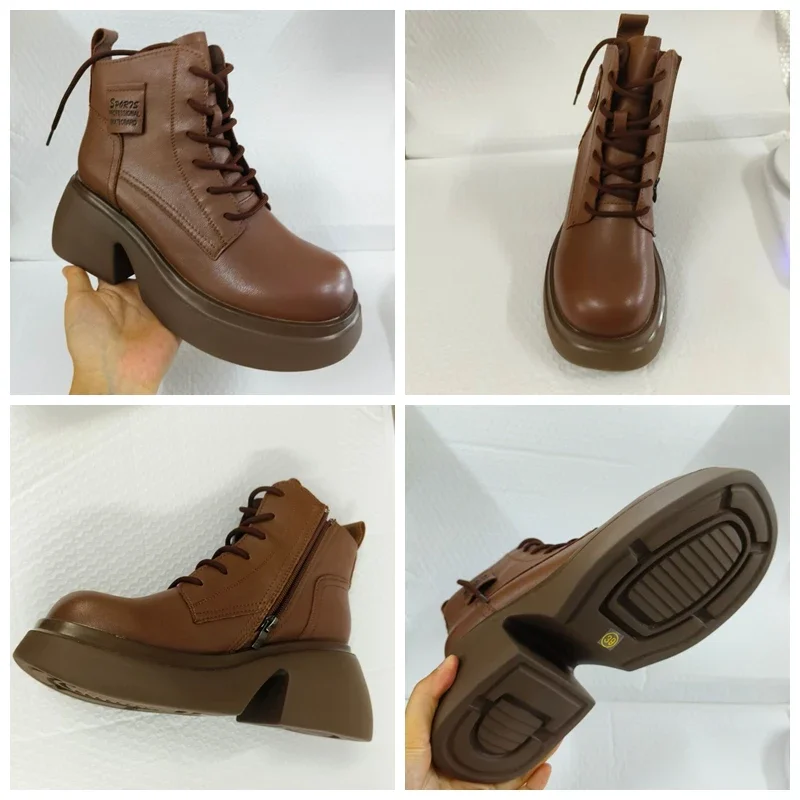 Koznoy-Botas de piel auténtica con cremallera para mujer, botines de cuña a la moda, zapatos étnicos cálidos de felpa para otoño e invierno, 7,5 cm