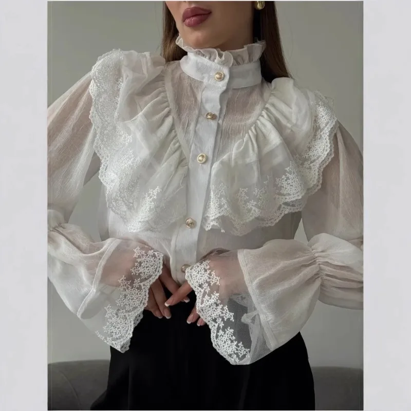 

Elegant Solid Chiffon Shirt Women Fashion Ruffled Collar Leisure Flared Sleeve Loose Shirts Chic 2026 New Lady Commute Tops