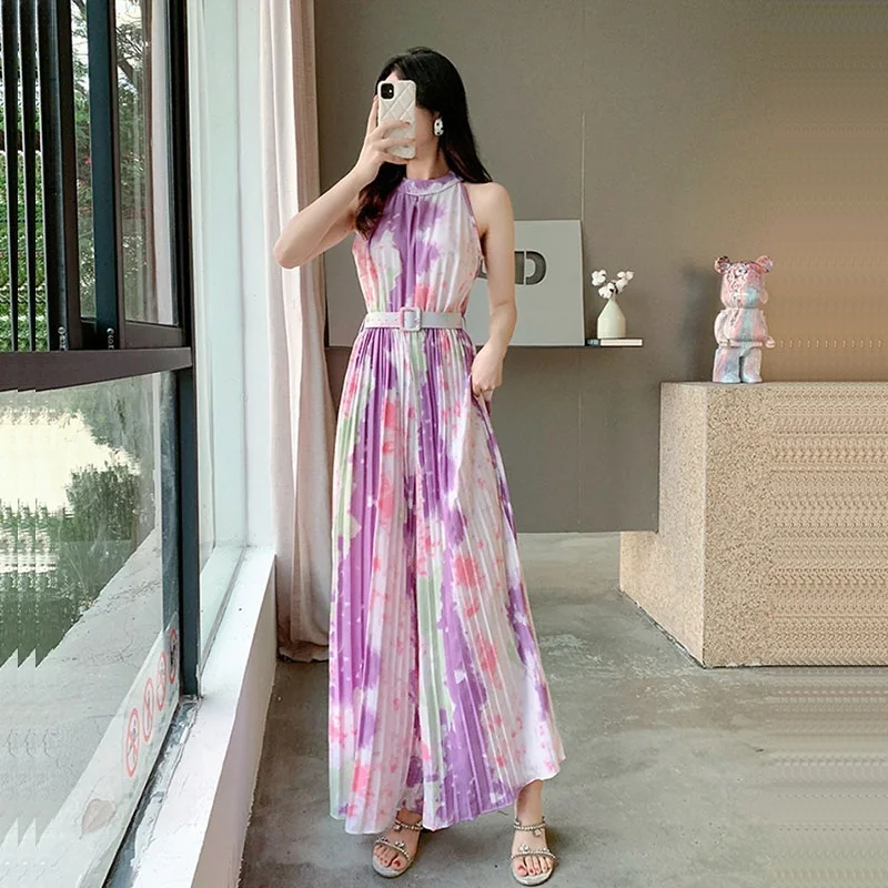 

Summer New Women Round Neck Sleeveless Pleated Jumpsuits High-waist With Belt Casual Ladies Printing Rompers Pink Green Purple