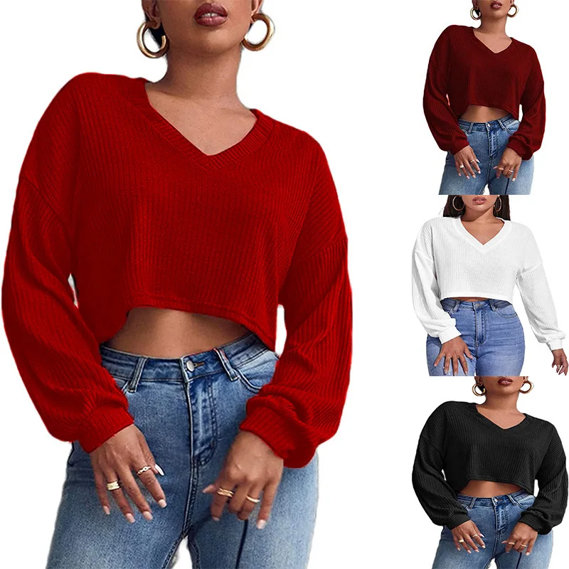 

Y2K autumn and winter women's solid color V-neck navel long-sleeved top T-shirt loose fashion casual knitted sweater top