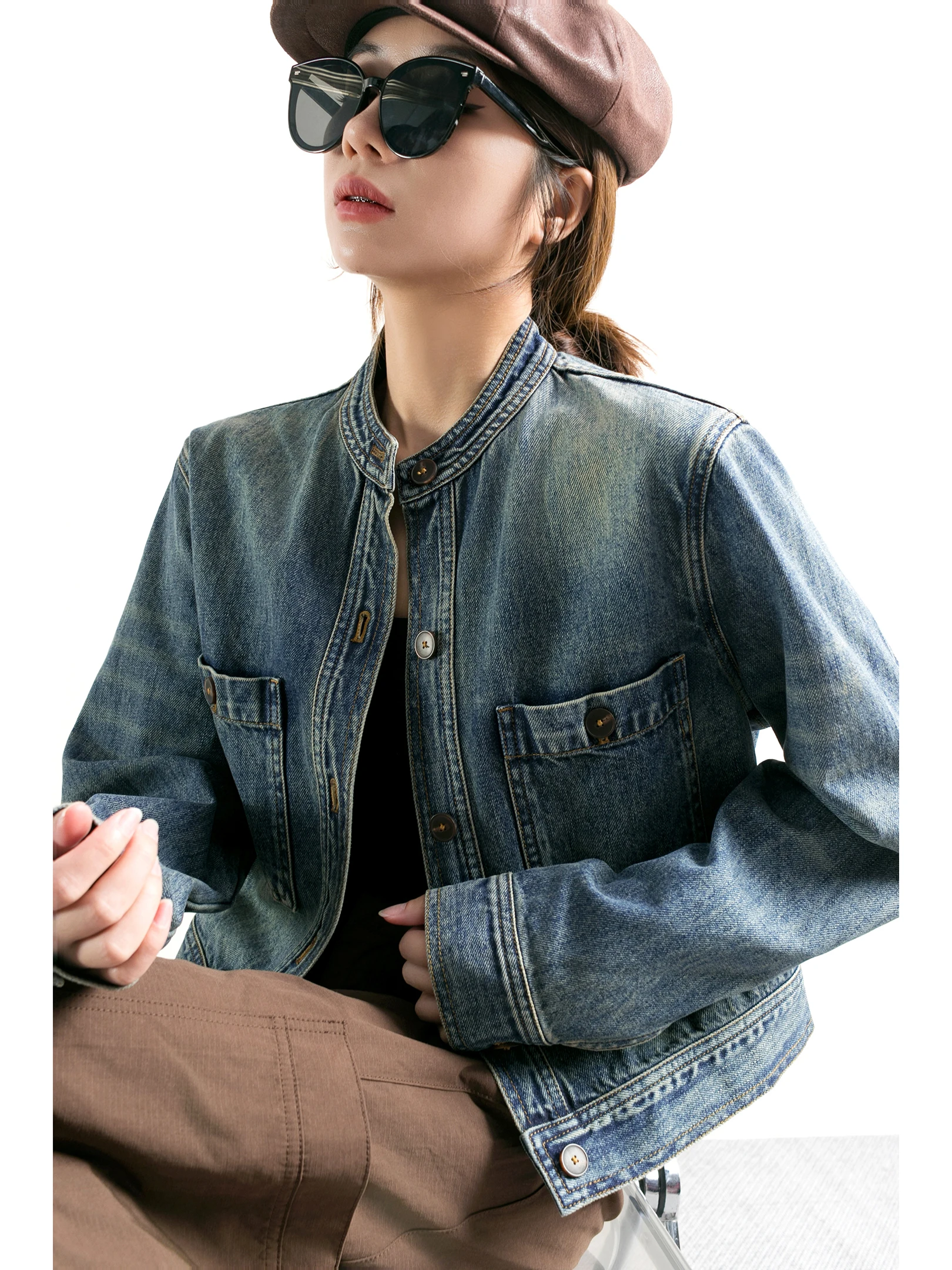 

Новая женская джинсовая куртка TidePA Ci Function Sle Distred Blue Workwear 2025 года с высоким круглым воротом, 100% хлопок