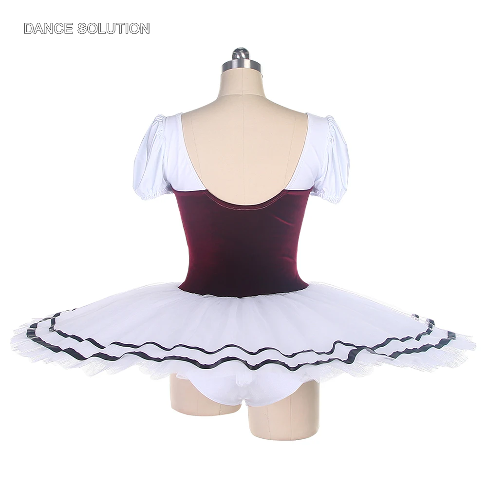 Burgundy Velvet Ballet Tutu Dress with Short Puff Sleeves Pancake Tutu for Women Ballerina Stage Show Performance Costume BLL488