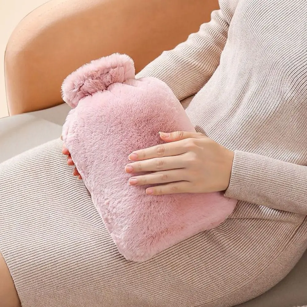 1L/2L Hot Water Bag Soft Plush Warm Water Bag Pouch Faux Rabbit Fur PVC Hot Water Bottle Neck Shoulder Back Hand Legs Waist