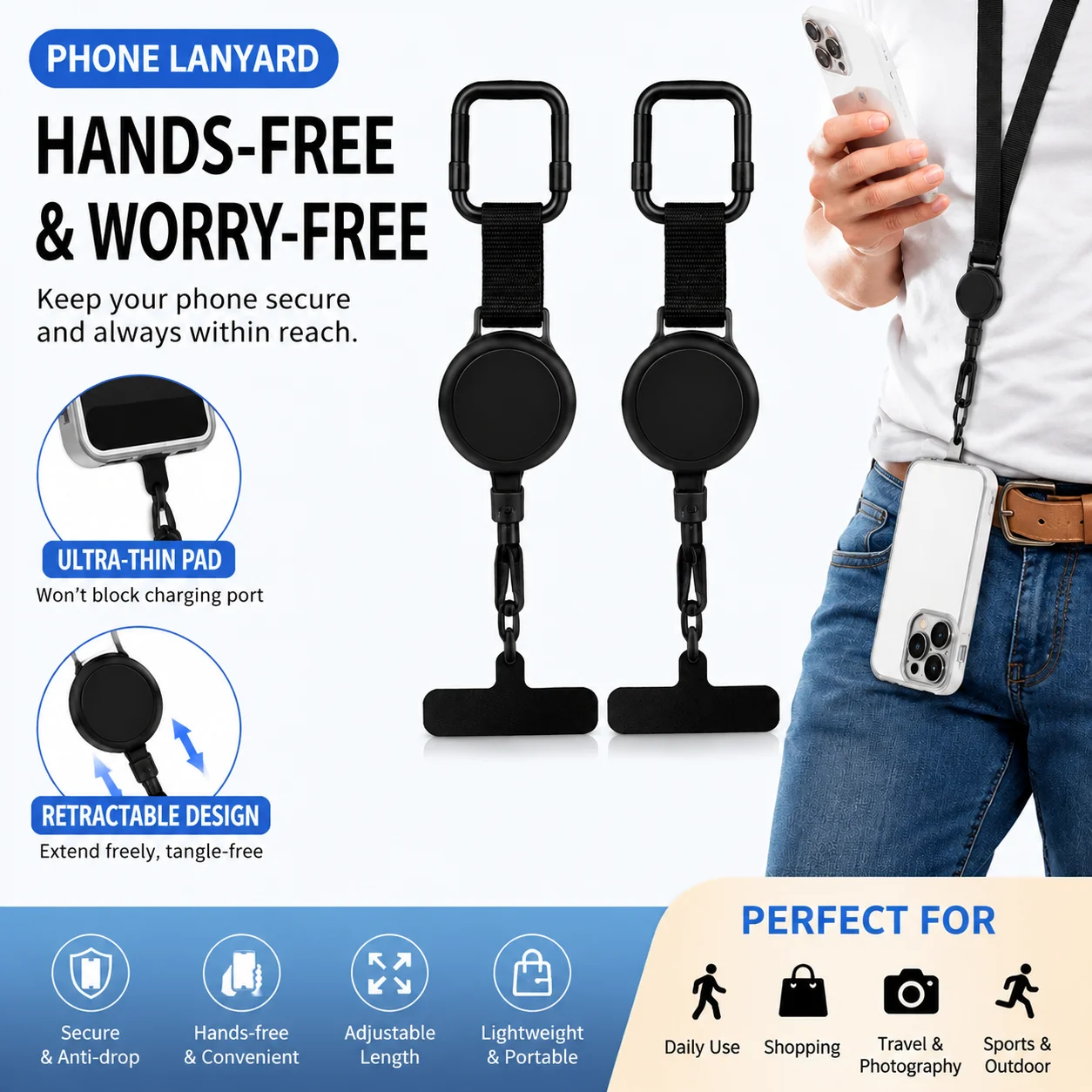 

Retractable Anti Theft Coiled Spring Phone Tether Strap Carabiner Key Anti Lost Drop Lanyard for Hiking Cycling Climbing Outdoor