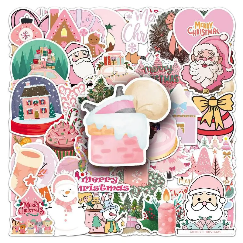 Stiker dekoratif untuk Natal 50X, stiker decal tema Natal Pink, stiker botol air Natal tahan air