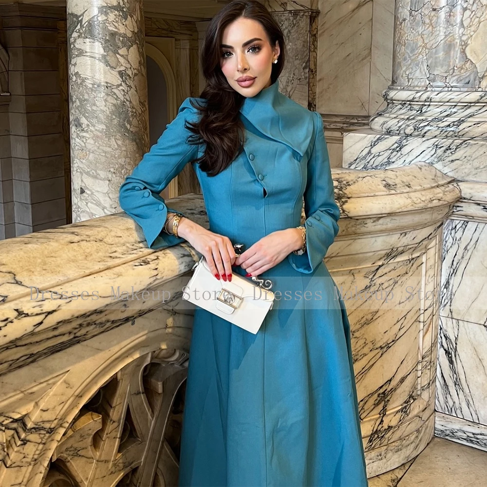 Party Dresses Midi Long Sleeves A Line Light Blue Elegant Cocktail Gowns for Women 2025 Tea Length Buttons Wedding Prom Dress image 3