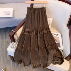 Autumn Winter Solid Color Fashion Elastic Waist A-line Skirt Women High Street Casual Pleated Elegant All-match Female Clothing