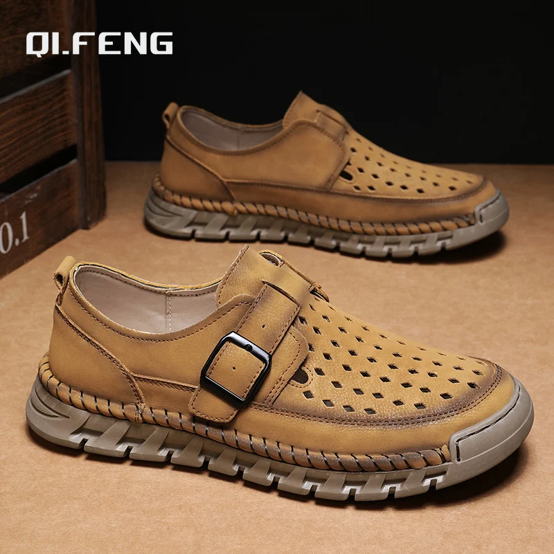 

Summer Large Hand sewn Shoes Men's Leather Sneaker Fashionable Casual Hollow Breathable Flat Footwear Size 38-46