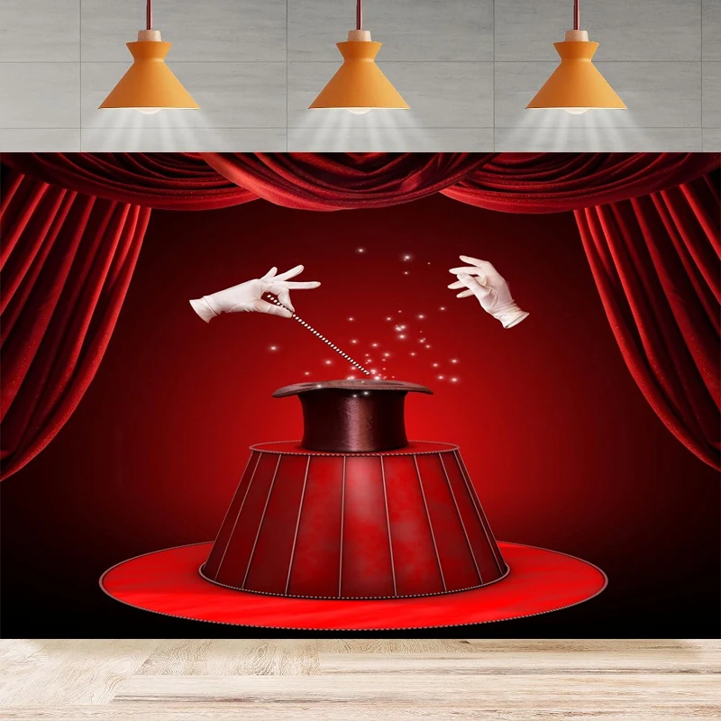 Magic Show Photography Backdrop Red Stage Backdrop Curtain Gloves Hat Theater Background Magician Home Party Decor Poster Banner