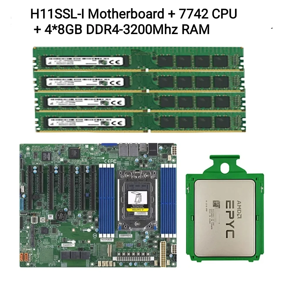 

Для Supermicro H11SSL-I материнская плата SP3 разъем + 1 * EPYC 7742 64C/127T 225 Вт процессор + 4* 8 ГБ = 32 ГБ ОЗУ памяти DDR4 3200 МГц