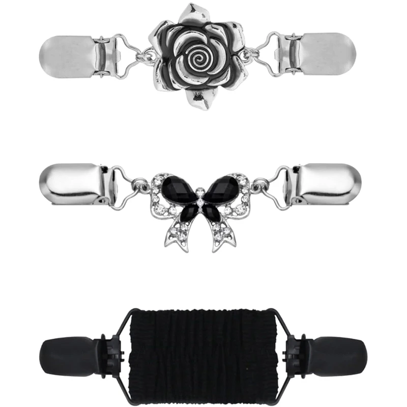 3Pcs Pullover Clips Vintage Elastische Schal Strickjacke Kragen Clip Fit Kleid Zurück Hose Taille Spanner Kleidung Brosche Clips für frauen