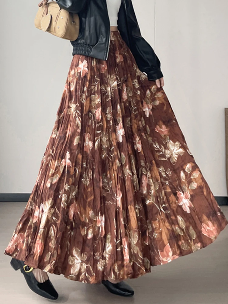 

Spring Summer New Pleated Long Skirt Women's Beach Vacation Loose High Waisted Printed Half Body Large Swing Skirt S366