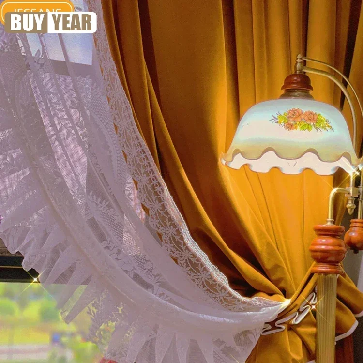 French Ginger Retro Lace Stitching Velvet Curtains For Living Room Bedroom Floor-to-ceiling Windows Customization White Tulle