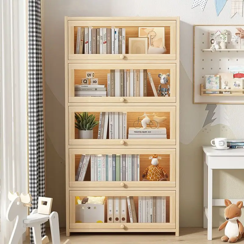 Pine bookcase upturned transparent door Student book storage cabinet Multi-layer floor solid wood bookshelf Toy storage cabinet