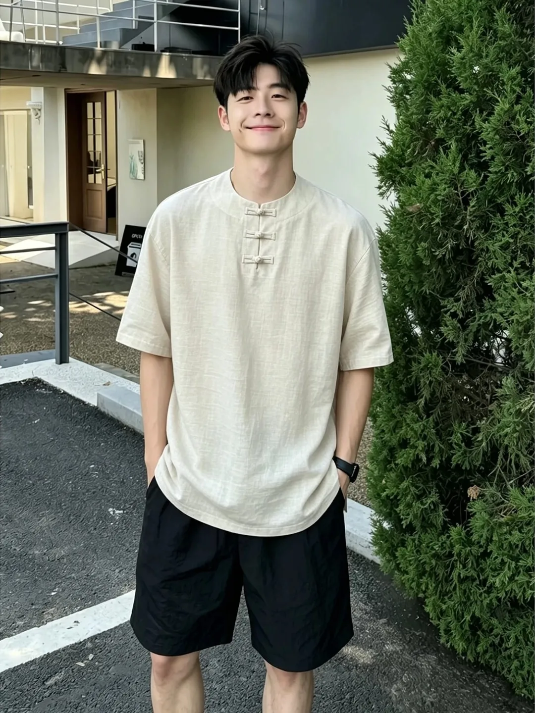 Men's Summer Thin Short Sleeve T-Shirt Chinese Style Ice Silk Simulation Hemp Texture Button down Casual Fashion Breathable