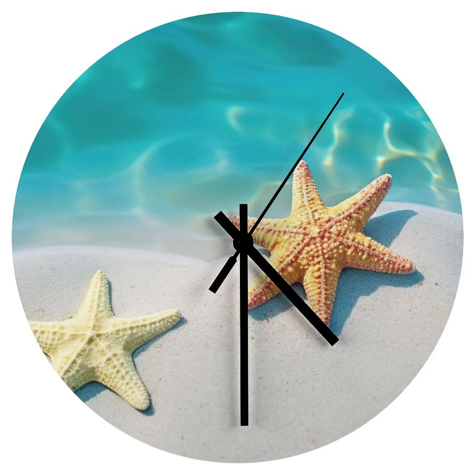 

Nursery Wall Clock Beach Starfish Sea star Clocks 12 inch Mute Wooden Round Artistic Slim Profile Vintage Home Decor