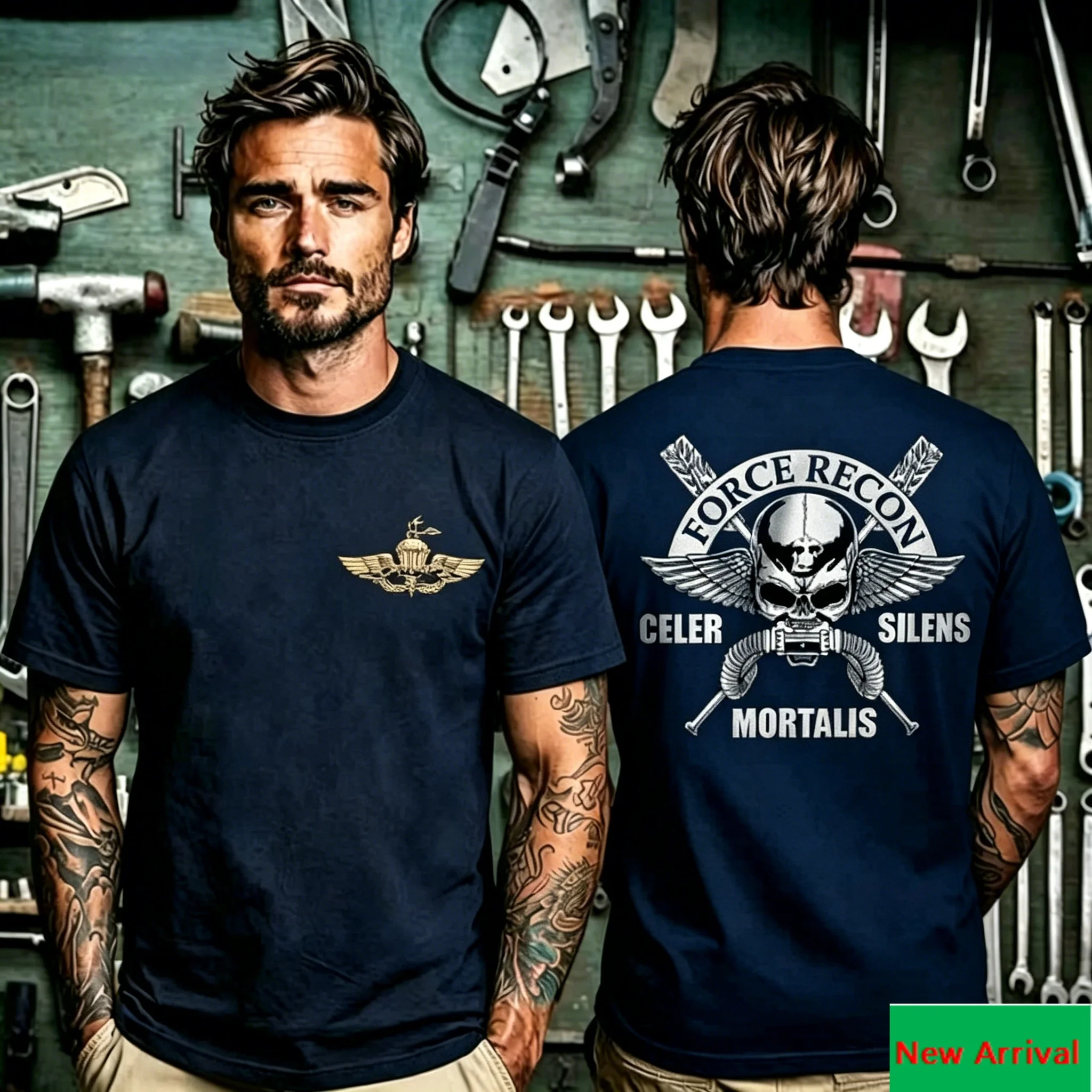 Force Recon Winged Skull and Arrow Graphic Back Print T Shirt with Front Marine Wing Badge Print