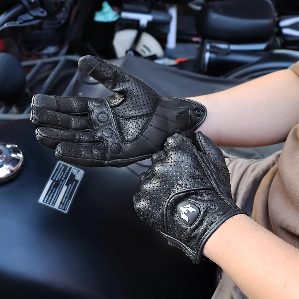 

Retro Black Leather Motorcycle Gloves Vintage Men Motorbike Racing Gloves Touch Screen Breathable Moto Biker Motocross Gloves