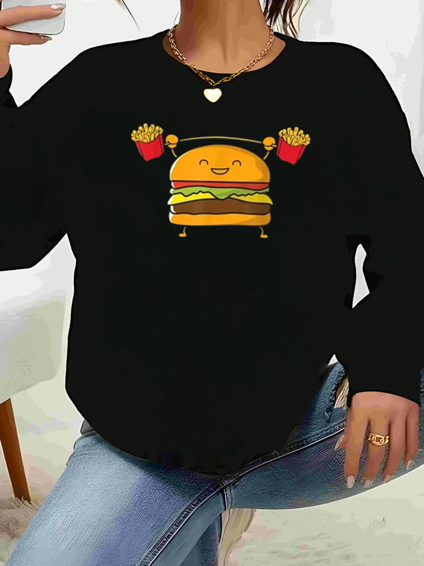 

Топ с длинными рукавами и принтом гамбургера и картофеля фри, повседневная одежда для женщин, повседневный наряд
