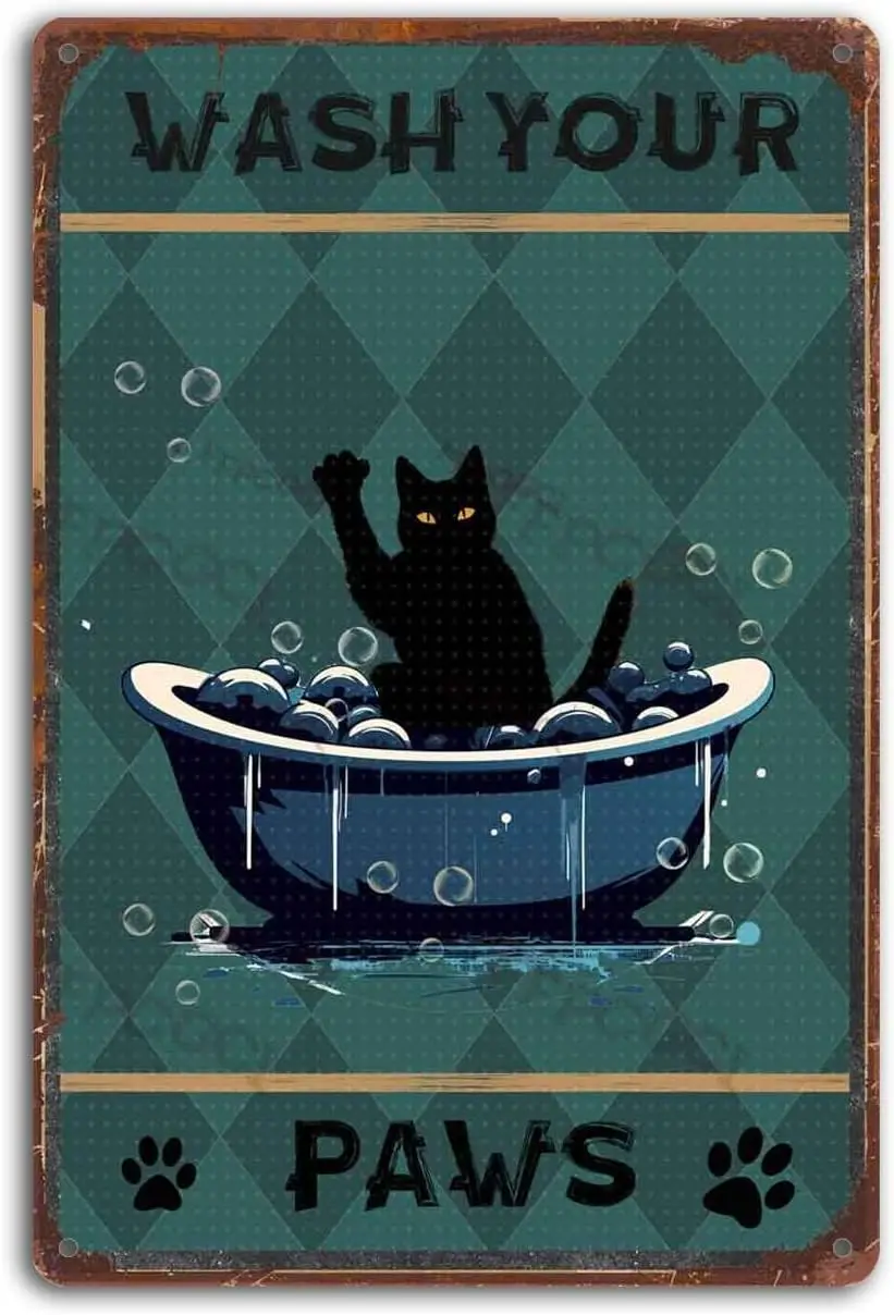 Letrero Metálico Vintage de Gatos Adorables para Baño, Lavate las Patas, para Hogar, Rancho, Bodega, Bar, 8x12 pulgadas