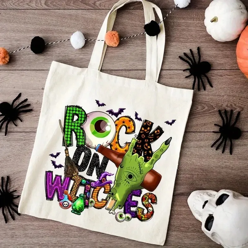 

Холщовая большая сумка в стиле ретро на Хэллоуин, дизайн «Жуткий сезон ведьмы», идеально подходит для праздников на свежем воздухе, украшений на Хэллоуин