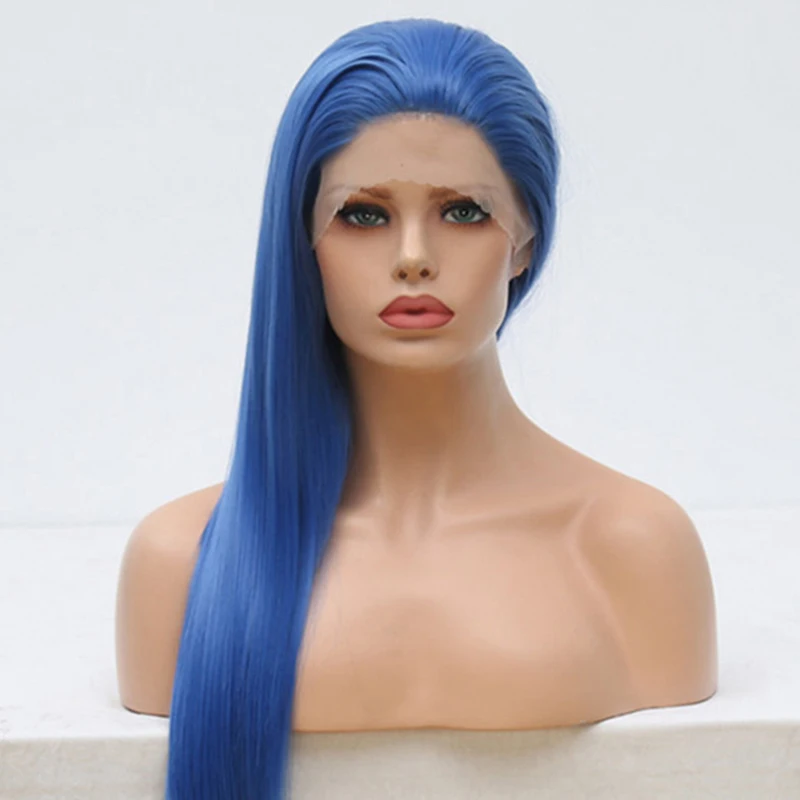 AIMEYA Natural Hairline Blue Wig Long Silky Straight Lace Front Wigs Free Part Heat Resistant Synthetic Hair Daily Use Cosplay