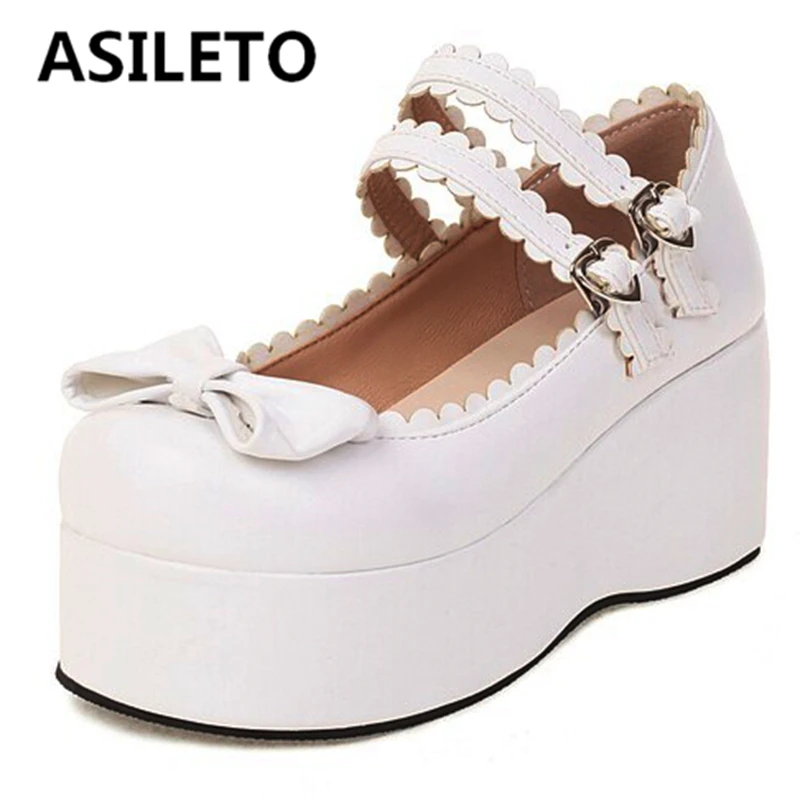 ASILETO Ladies Platform Pumps Round Toe Thick Heels Bowtie Heart Buckle Straps Sweet Large Size 33-45 Pink White Spring S3334