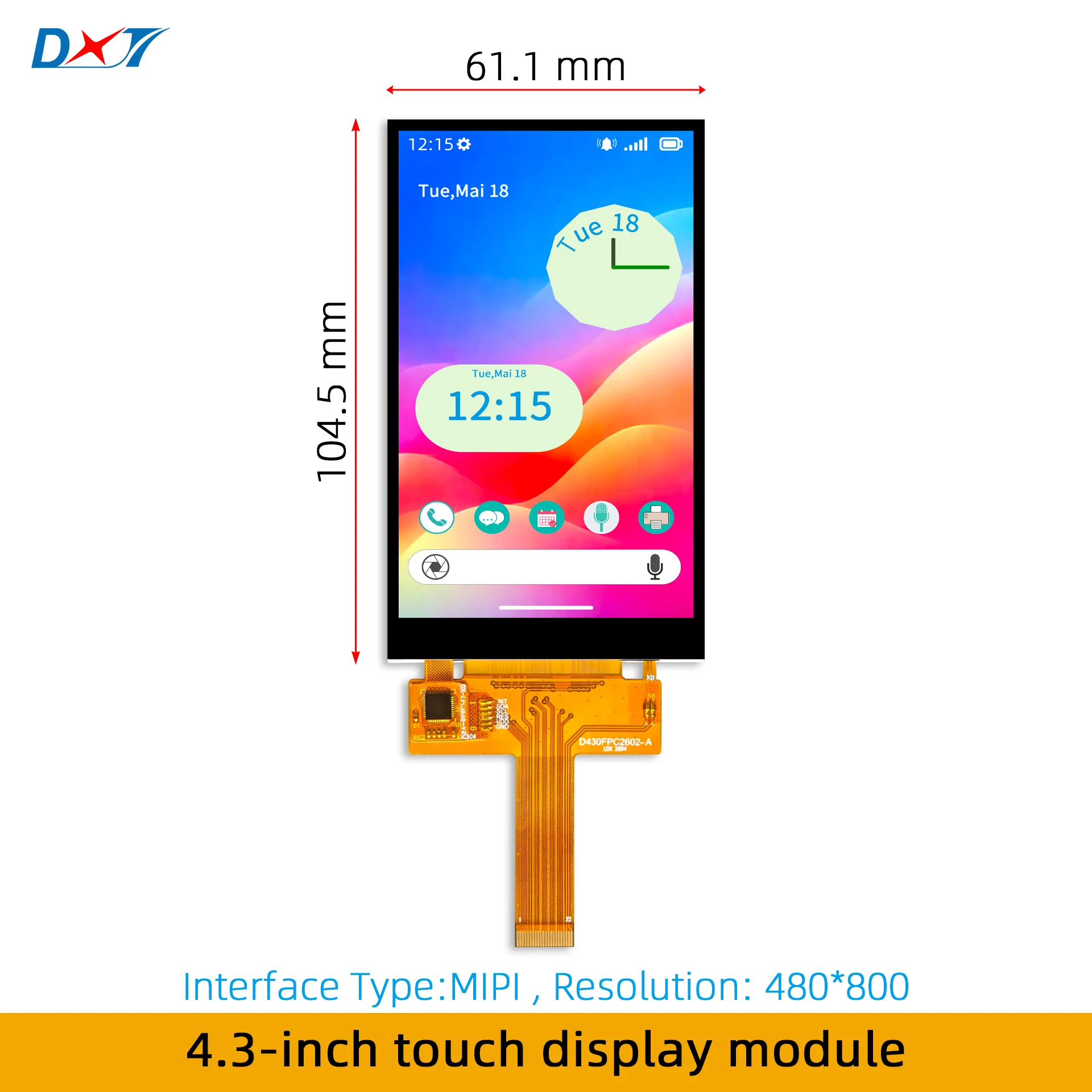 4.3-inch touch display module, TFT LCD, MIPI interface, 480*800 resolution, capacitive touch, ST7701 FT6336
