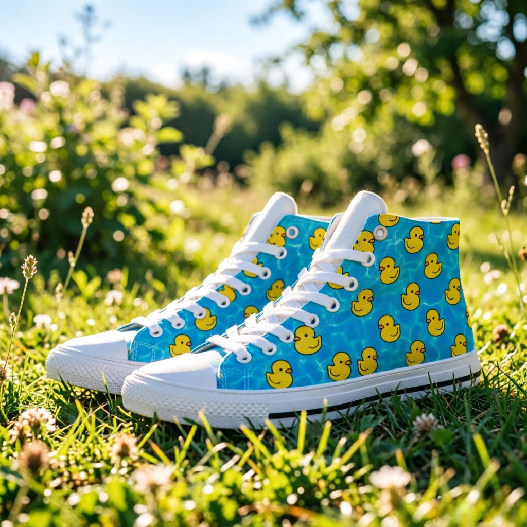 

Cartoon Duck Game Theme High Top Custom Shoes, Cute Candy Art Print, Wear Resistant Canvas Sneakers, Unisex All Season Shoes
