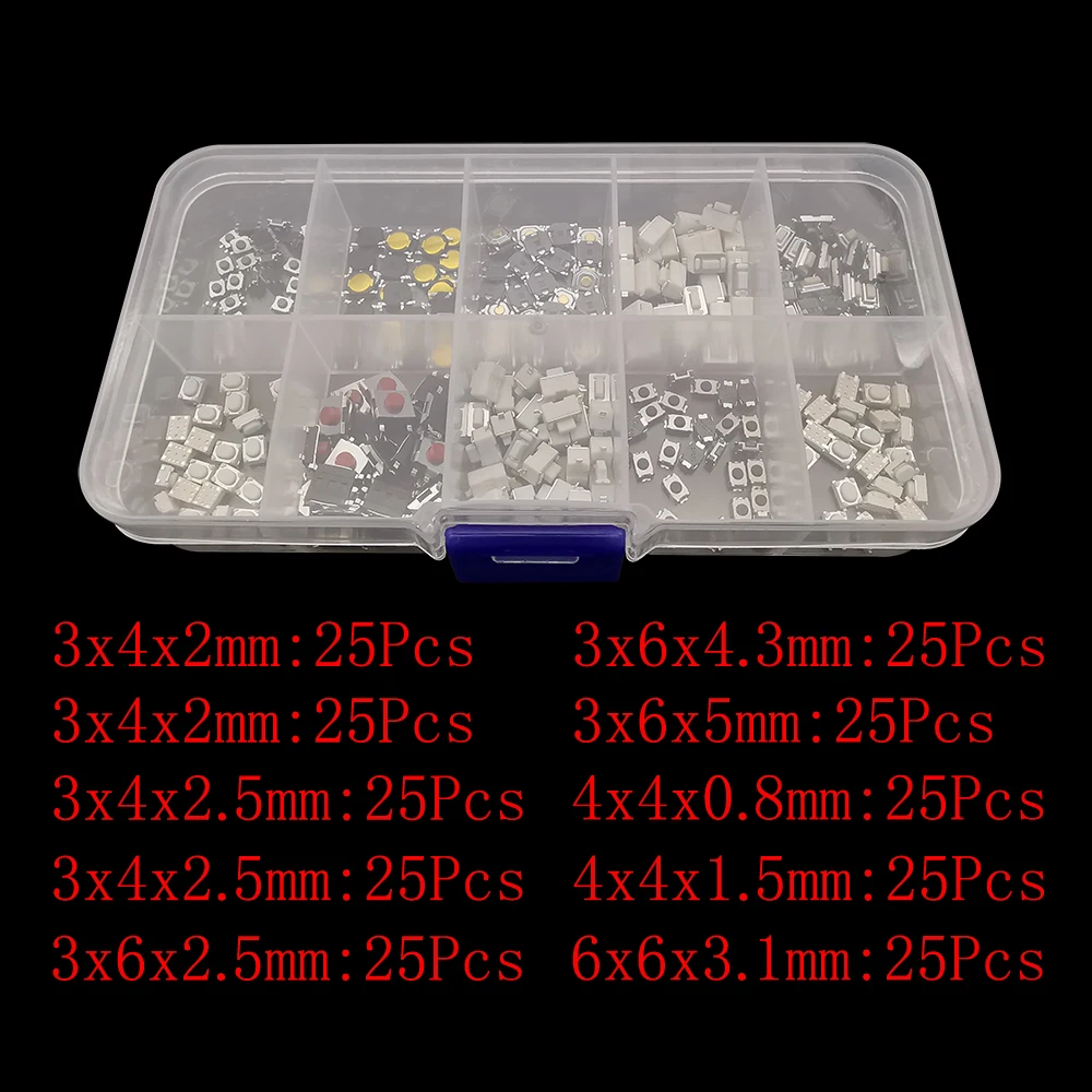 250 قطعة مايكرو اللمس اللباقة مفتاح بـزر دفع مجموعة متنوعة 2P 4 دبوس مصلحة الارصاد الجوية PCB لحظة الذاتي إعادة ضبط سيارة التحكم عن بعد التبديل إصلاح #4