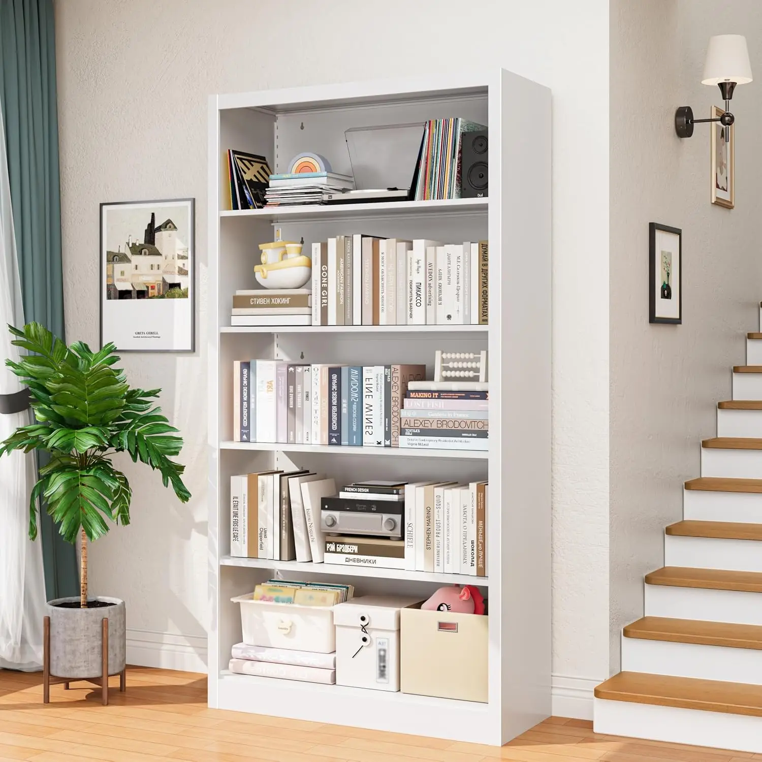 66in White Metal Bookshelf 5-Tier Adjustable Industrial Storage Shelf 180lbs Per Shelf Living Room Office Garage, Customized