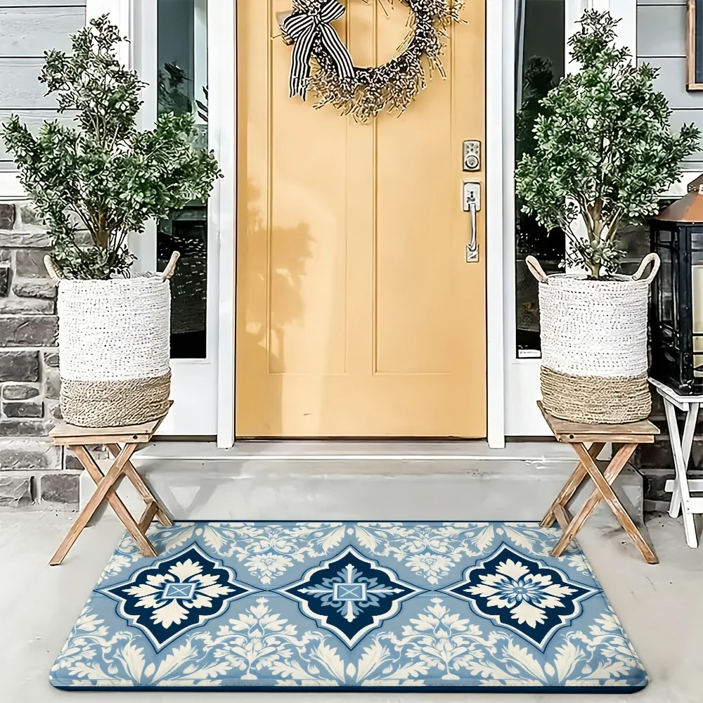 Cottage Blue White Floral Doormat Welcome Mat Home Decor Entryway Porch Rug Indoor Outdoor 40x60cm