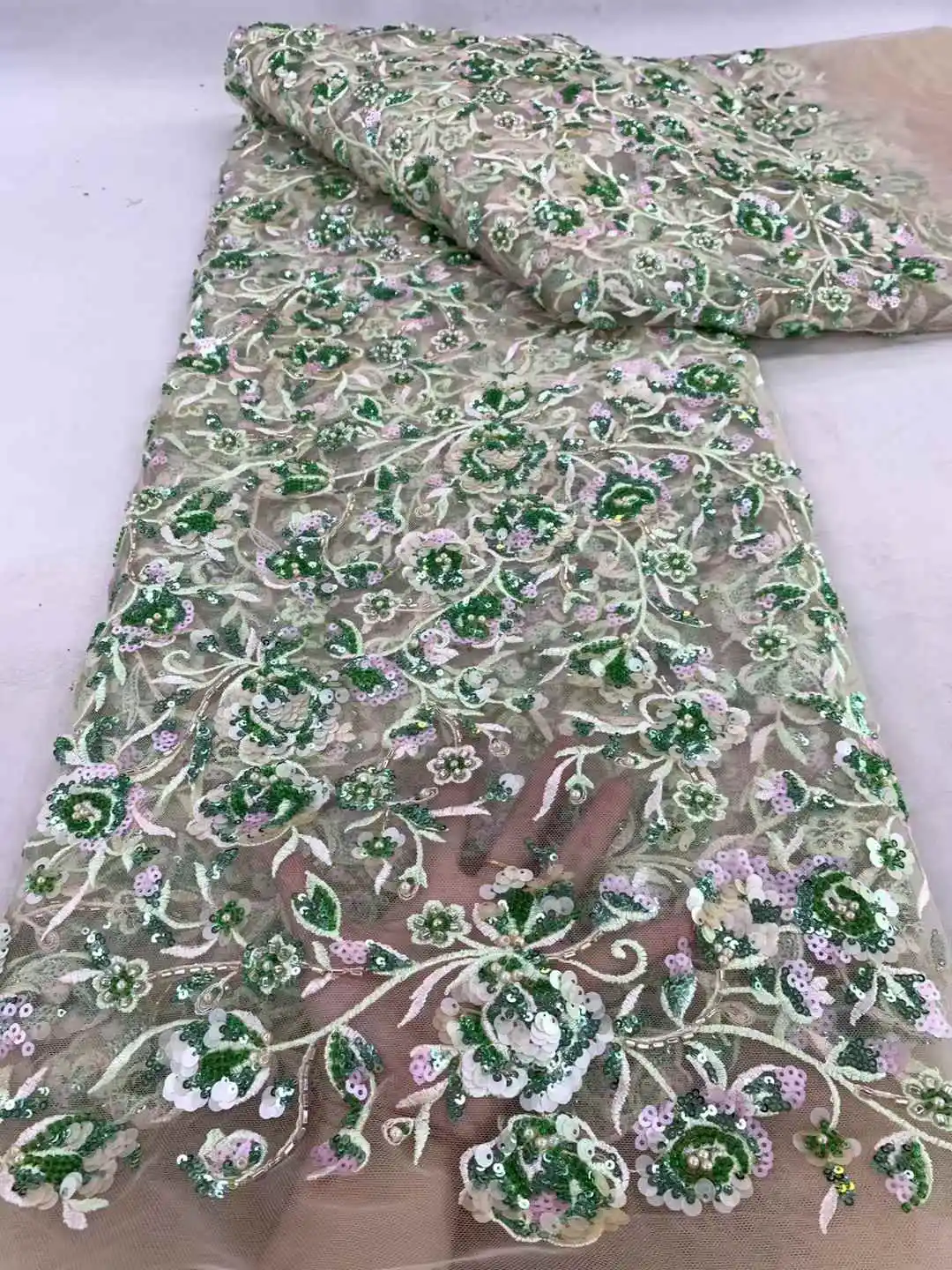 

Beautiful Multi-color Beaded Lace,With Beads Embroidery African fabric, Sequined French tulle Net lace/Evening Dresses/Weddings