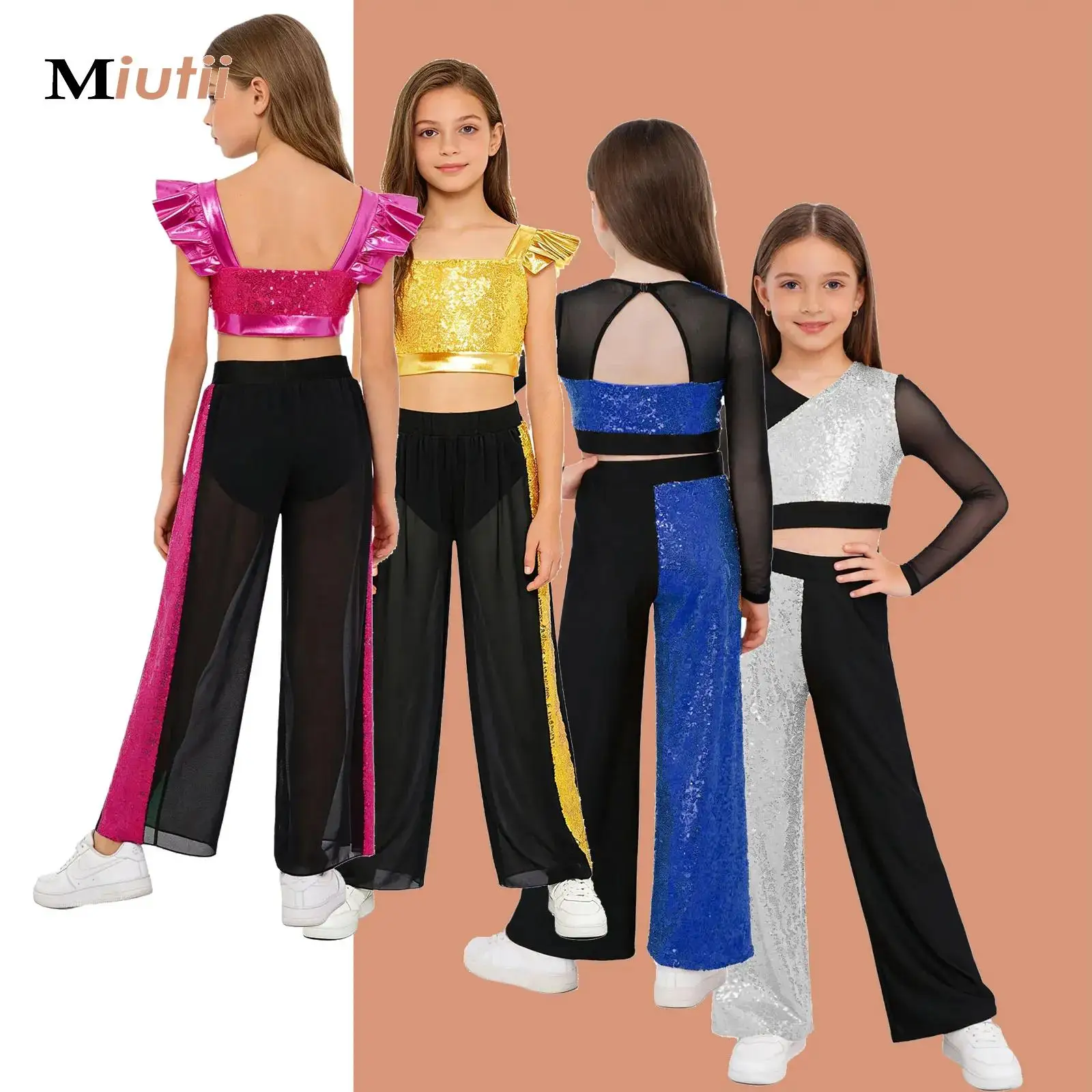 

Kids Girls Lyrical Dance Two-Piece Set Ruffled Sleeves Sequins Crop Top+Chiffon Overlay Pants Modern Dance Competition Clothes