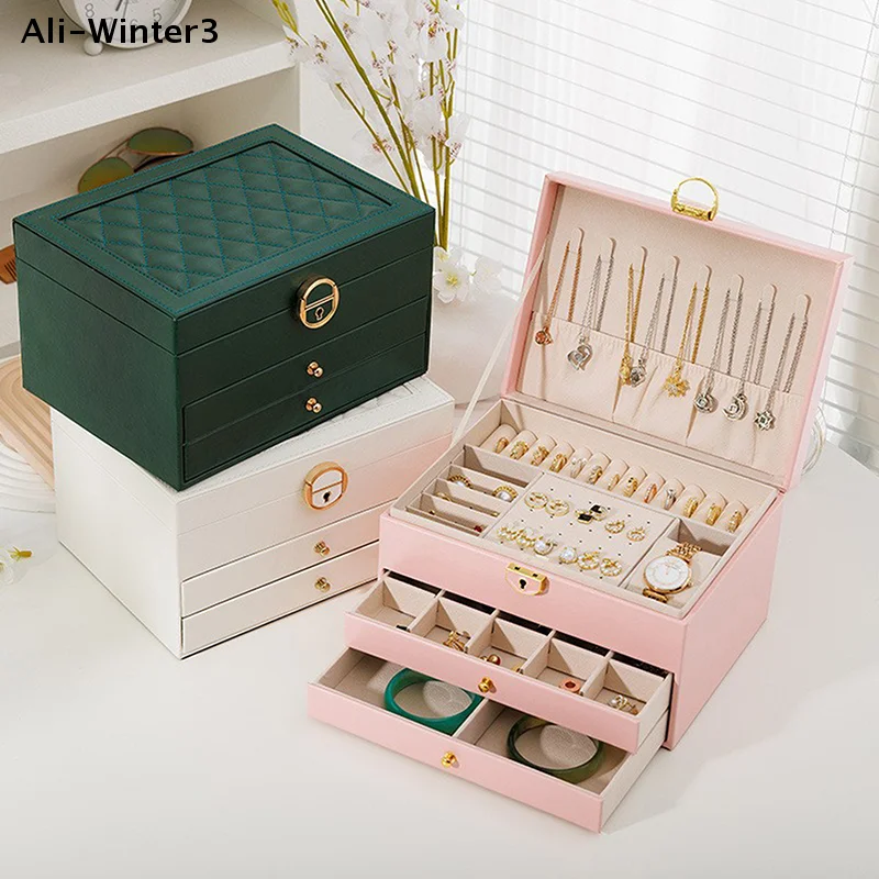 

Трехъярусный органайзер для украшений, рождественский подарок для женщины, с замком, шкатулка для колье и серег