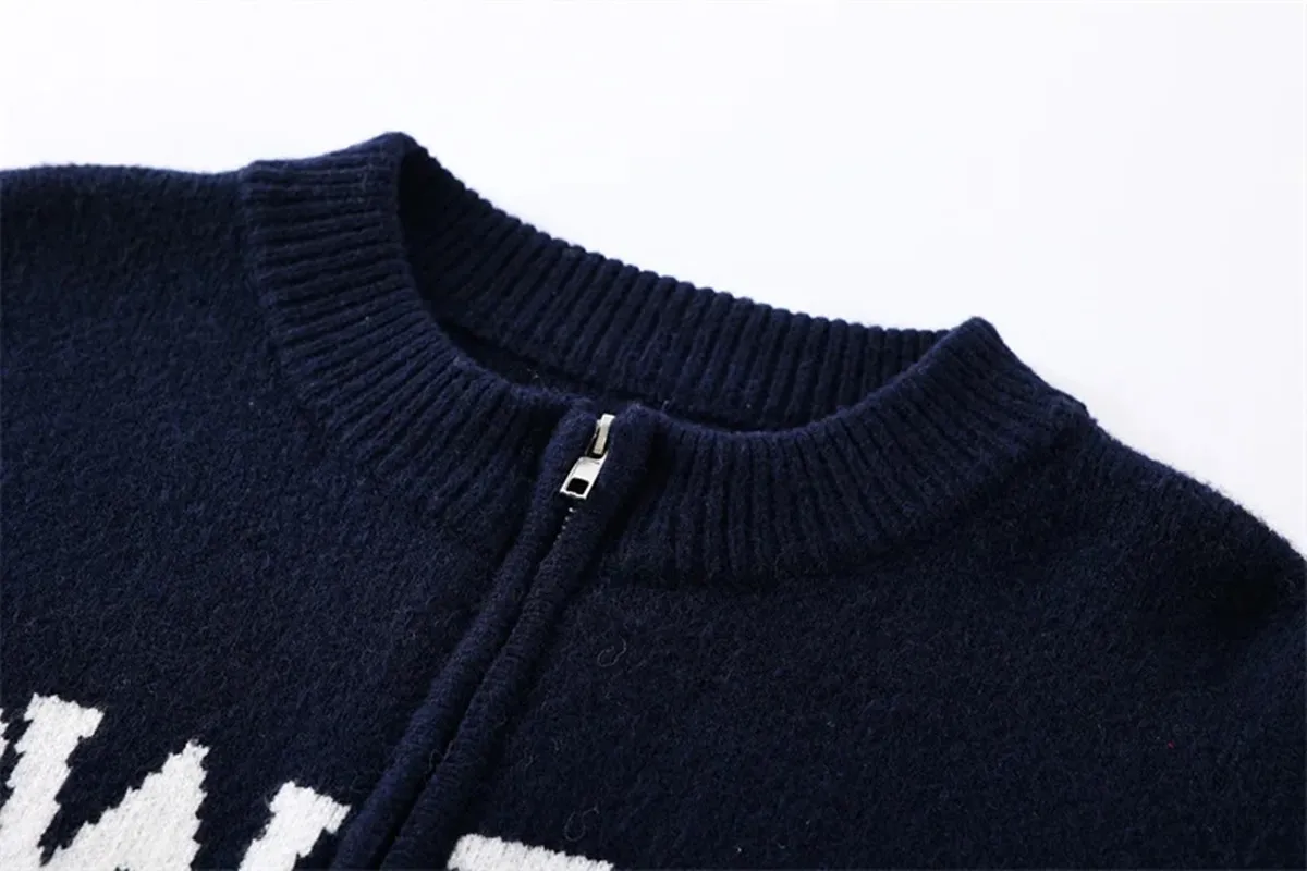 

Autumn New Letter Streetwear Geometry Round Neck Zipper Knitted Jackets Hip Hop Long Sleeve Straight Fashion Women's Coat