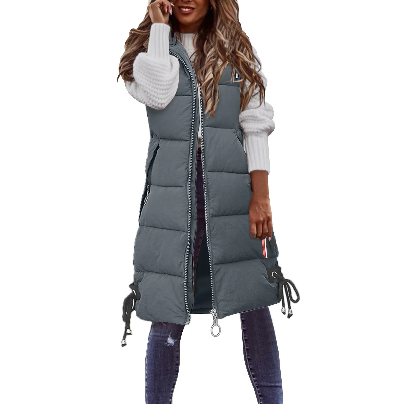 4XL Women Solid Hooded Vest Zipper Pocket Loose Sleeveless Jacket Long Down Coat Female Winter Warm Vest Cold-Proof Puffer Coats