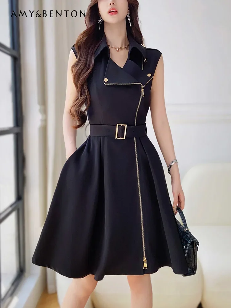 

Summer New British Street Sleeveless Slim Swing Dress Temperament Ladies Hepburn Style Lapel Belt Lace Up A-line Dress for Women