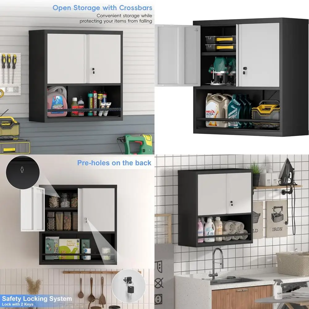 

Secure Metal Garage Cabinet, Lockable Storage with Open Shelves, Wall-Mounted Tool Storage for Workshop or Basement