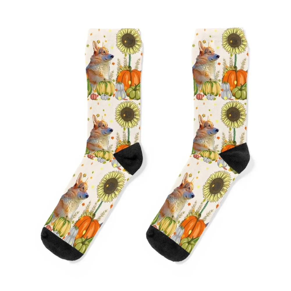 

Funny Corgi & Pumpkin - Dog Lover Sunflower Fall Thanksgiving Socks Running Soccer Socks For Man Women's