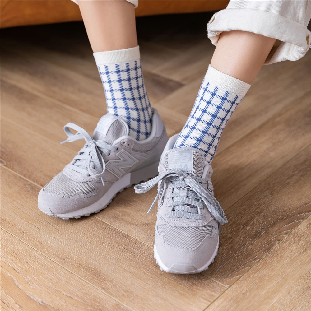 England Style Autumn Spring Navy Cotton Sokken Vintage Striped Plaid Prairie Lattice Chic Preppy Mid Tube Socks Dropship