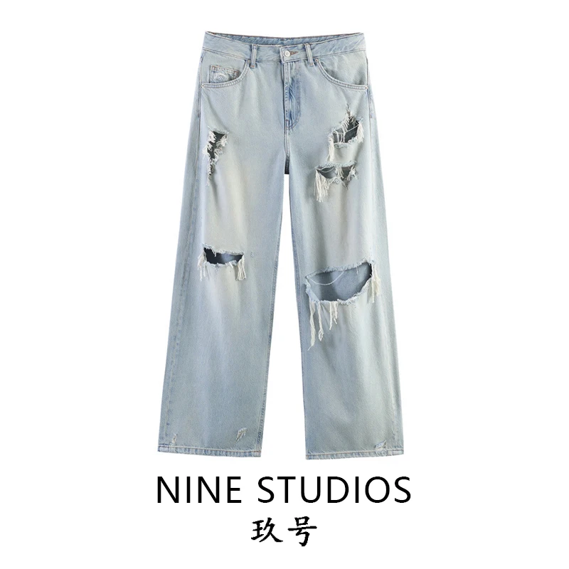 

Джинсы женские с высокой талией, винтажные, рваные, широкие штанины, из хлопка, слегка эластичные, весенние