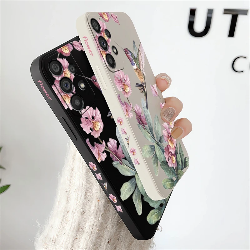 패션 버드 패턴 케이스, 삼성 갤럭시 A51 A52 A30 A31 M32 A33 A34 A53 A54 5G A32 A42 M42 A50 꽃 액체 매트 커버
