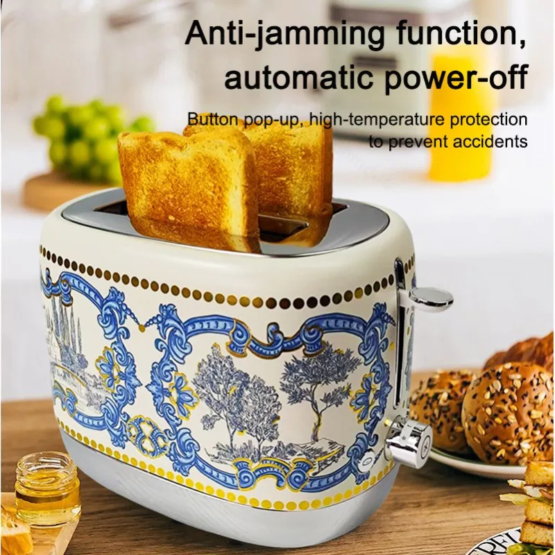 2-Slice Ceramic Electric Toaster Retro Hand Drawn Spray Printing Sandwich Grill Breakfast Bread Baking Maker Toast Oven Heater