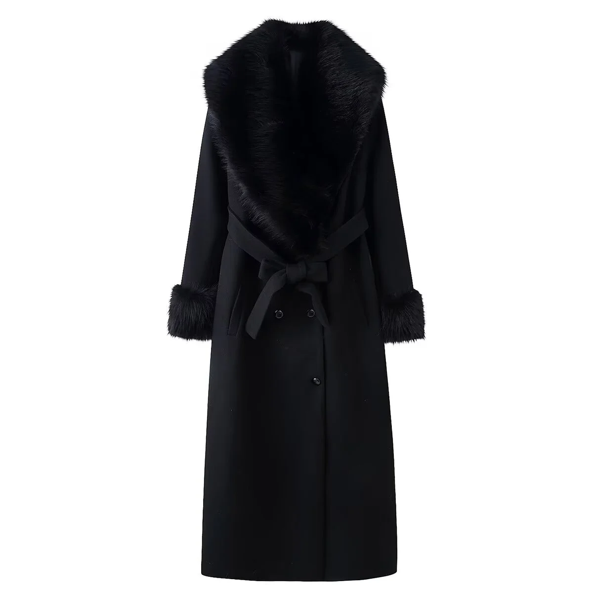 

2025 Winter New Women's Casual Fashion Simple High-End Belted Lapel Long Sleeve Button-Down Wool Collar Long Coat