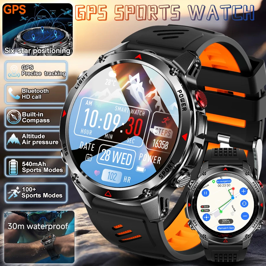 Outdoor GPS Smart Watch Men 1.46" AMOLED Display Built-in Compass Barometric Altimeter Flashlight Waterproof BT Call Smartwatch